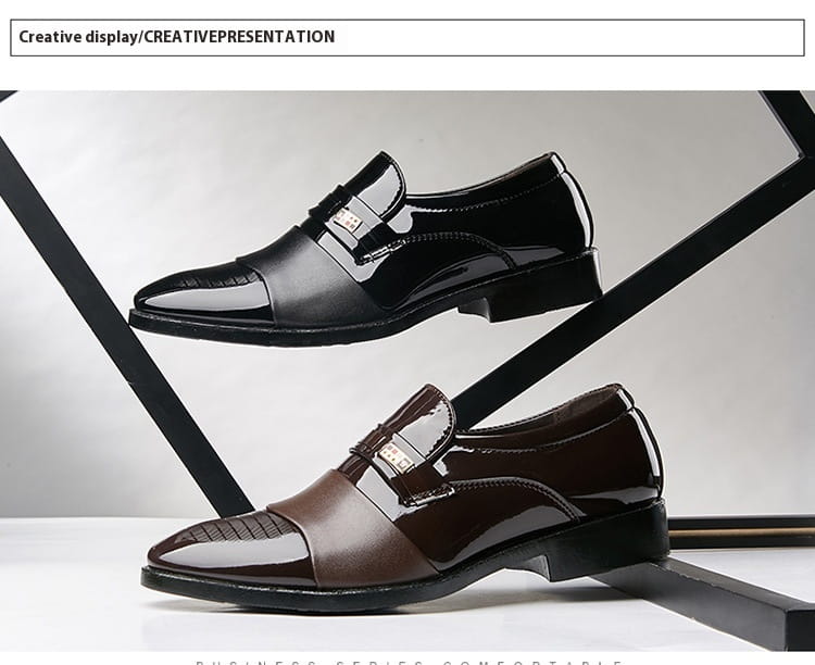 Men’s black patent leather lace-up dress shoes with glossy finish and gold-tone buckle for business and formal wear