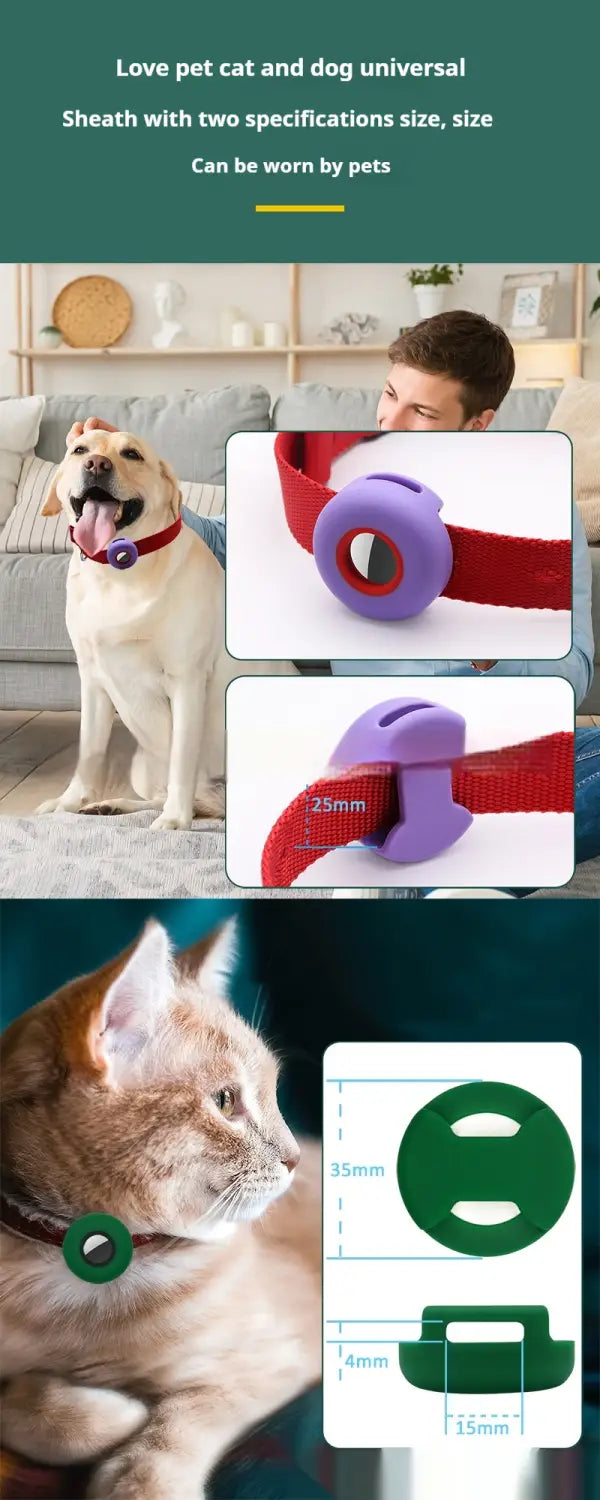 purple and red plastic airtag silicone pet collar tracker protective case featuring a circular clip mechanism