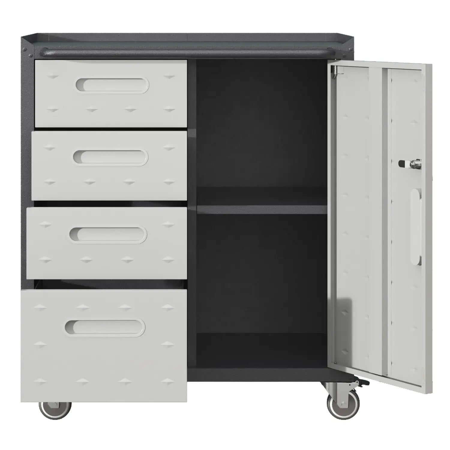 Gray metal tool storage cabinet with four white drawers and a single open door featuring casters for mobility