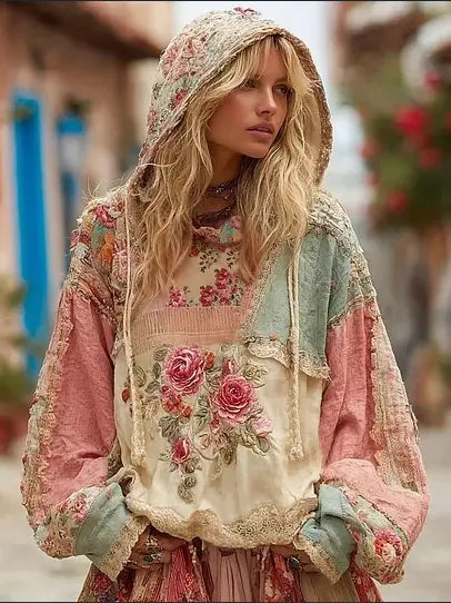 vintage patchwork floral hoodie featuring floral embroidery and lace trim in soft pastel tones.