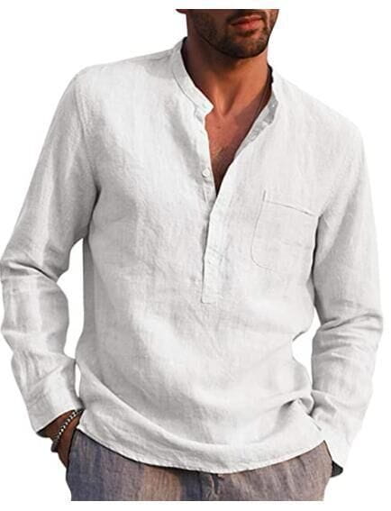 Herren-Leinenhemd mit langen Ärmeln im lässigen Beach-Stil in Weiß mit Knopfleiste vorne und Brusttasche aus atmungsaktivem Leinenstoff.