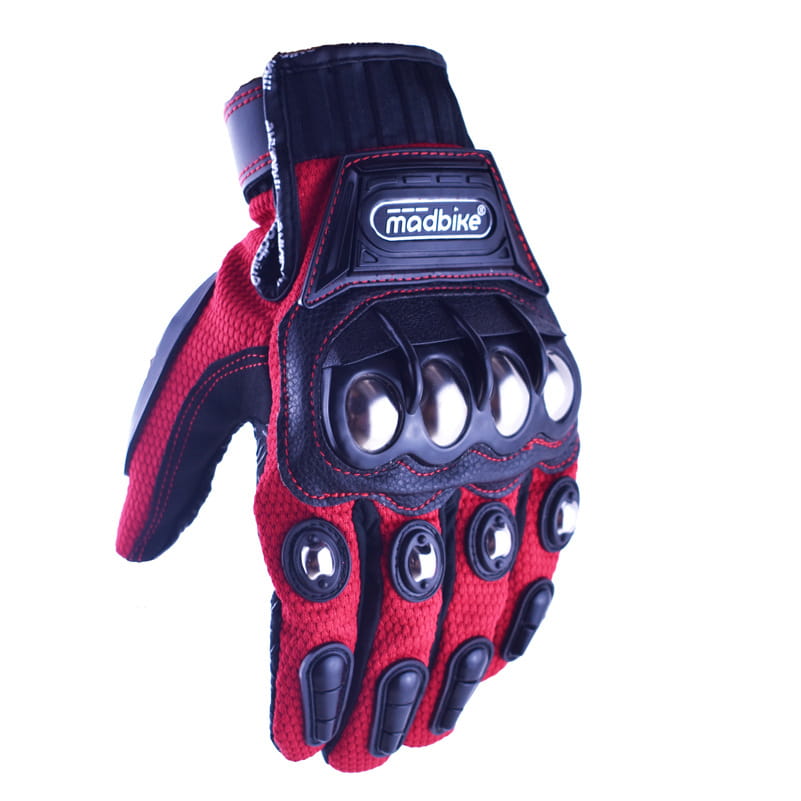 Alloy knuckle motorcycle riding gloves unisex showing the back side with red and black madbike design, reinforced knuckle guards, and textured grip panels.