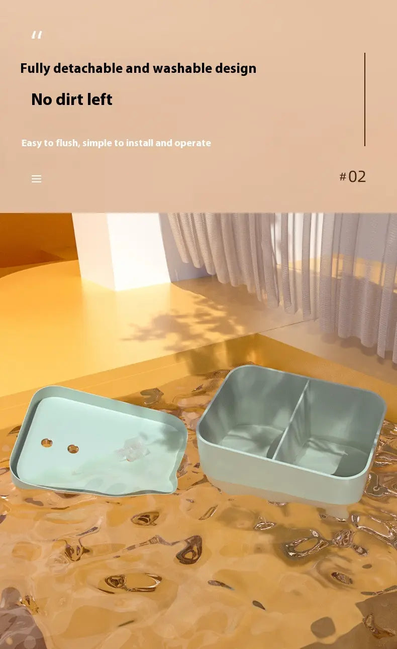 Light blue detachable and washable soap dish with a divided basin and two circular drainage holes on the lid for the automatic cat water fountain 1500ml circulation.