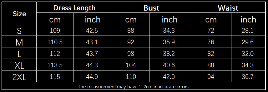 The polka dot spaghetti strap split midi dress size chart displays measurements in centimeters and inches for sizes s through 2xl with a note on potential measurement inaccuracies.