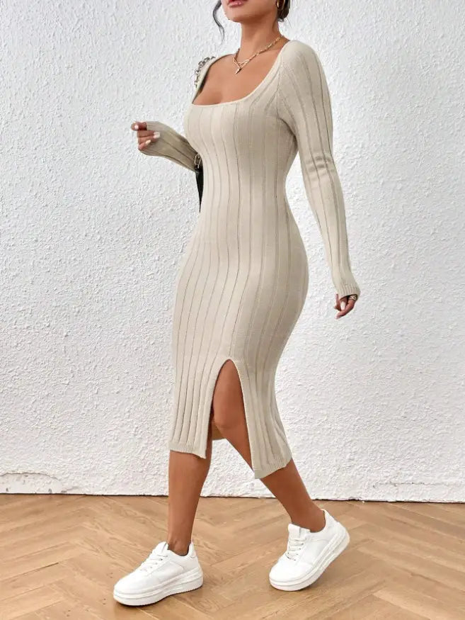 Beige ribbed knit midi dress with a square neck long sleeves and a high side slit.