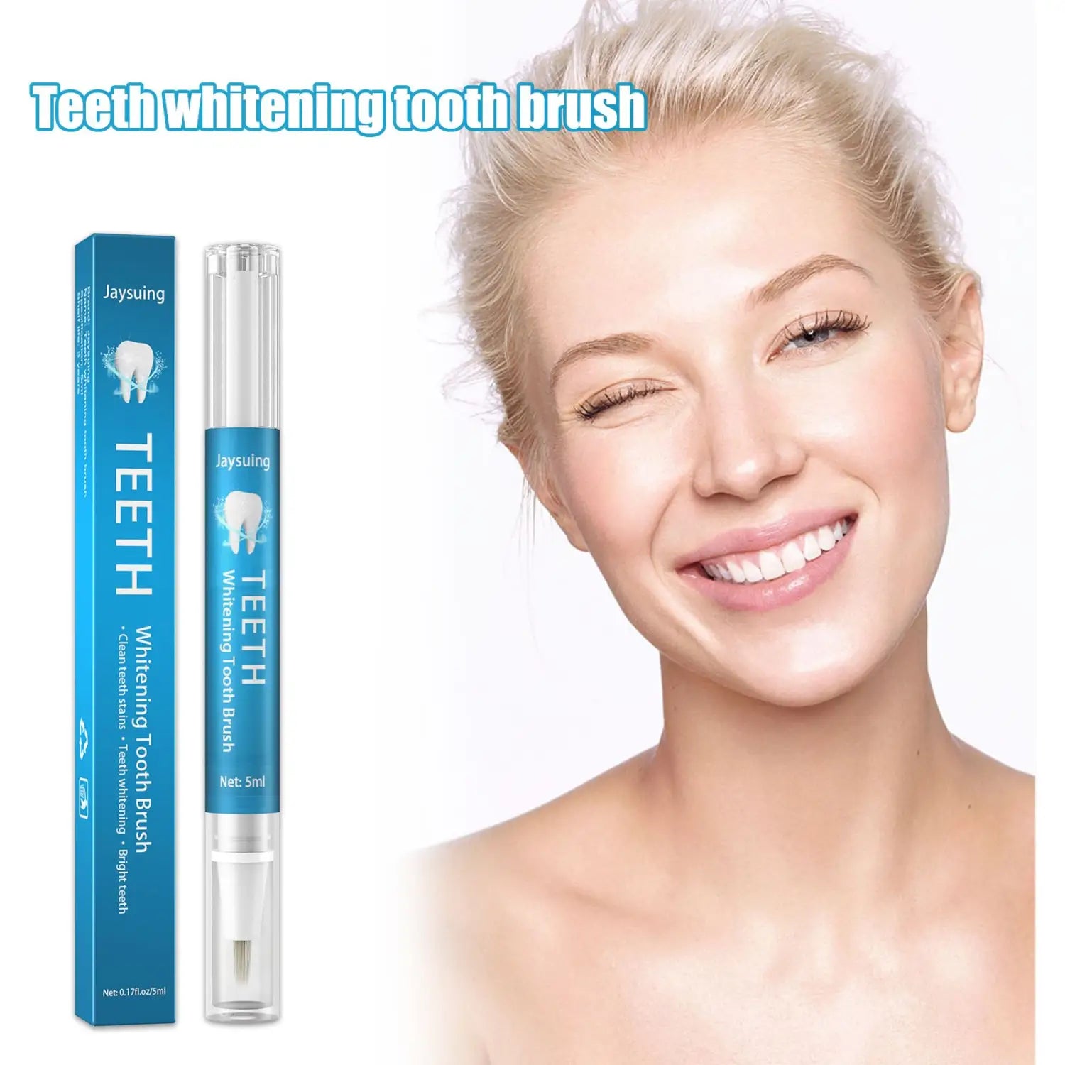 Un stylo de blanchiment des dents à l’herbe et d’élimination des taches Jaysuing, appliqué avec une brosse à dents dotée de poils blancs et d’un capuchon transparent.