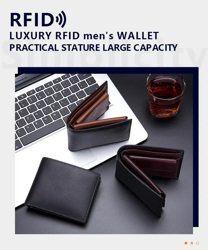 black leather men’s genuine leather bifold wallet with rfid protection large capacity and practical stature shown from the back side with coin pocket