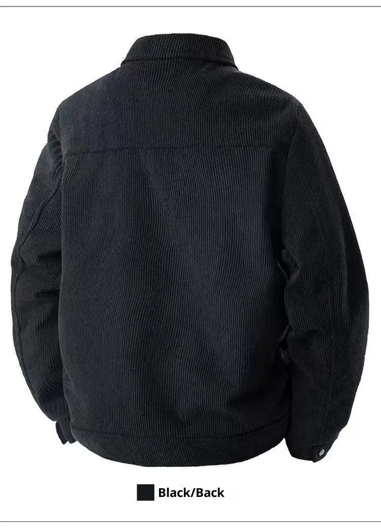 Schwarze Herren-Cord-Arbeitsjacke mit lockerer, lässiger Passform, klassischem Kragen und gerippter Textur