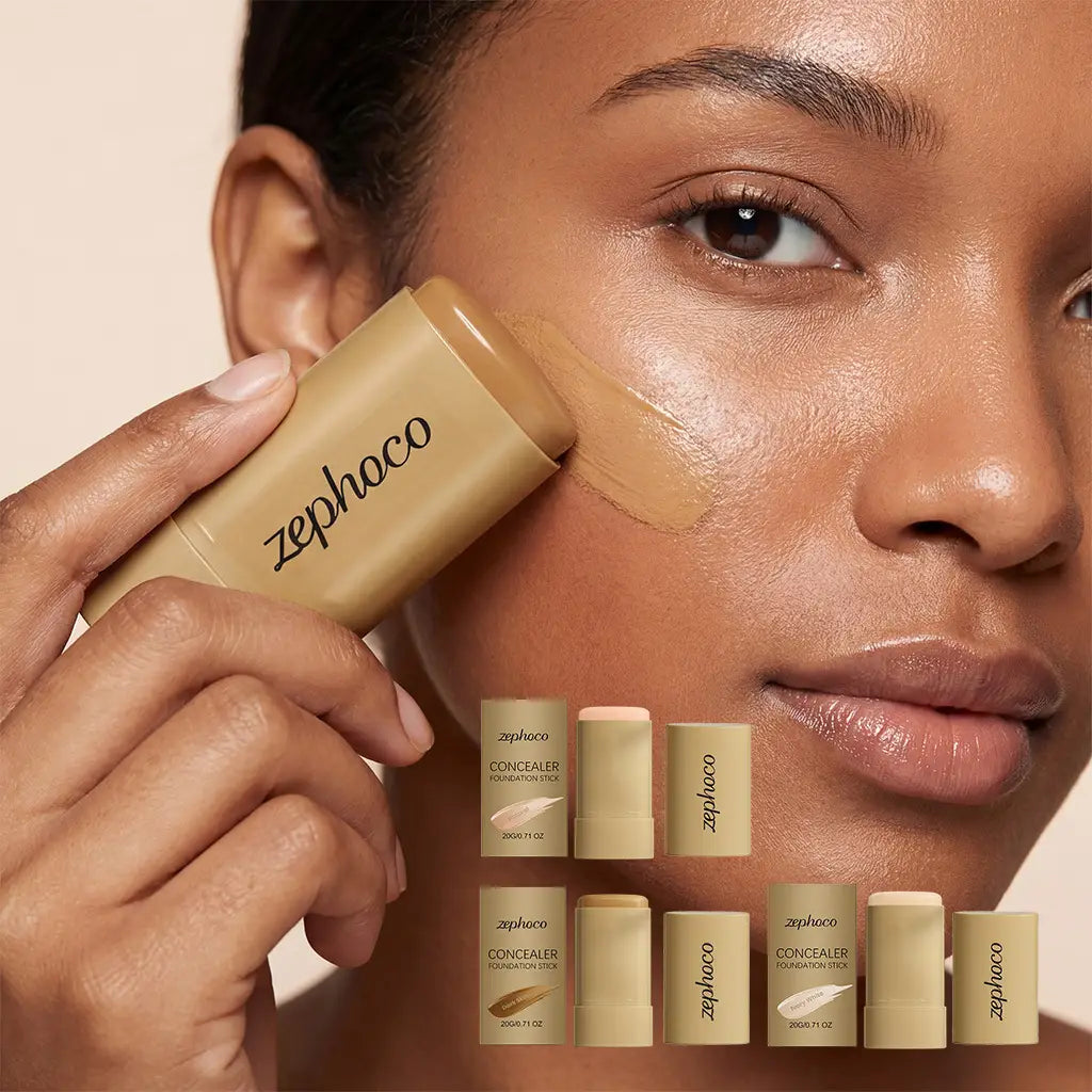 Beige Zephoco natural concealing makeup foundation stick with sleek cylindrical design and matte finish.