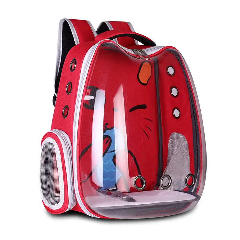 Red transparent breathable cat backpack carrier with cartoon cat face design and mesh ventilation panels.
