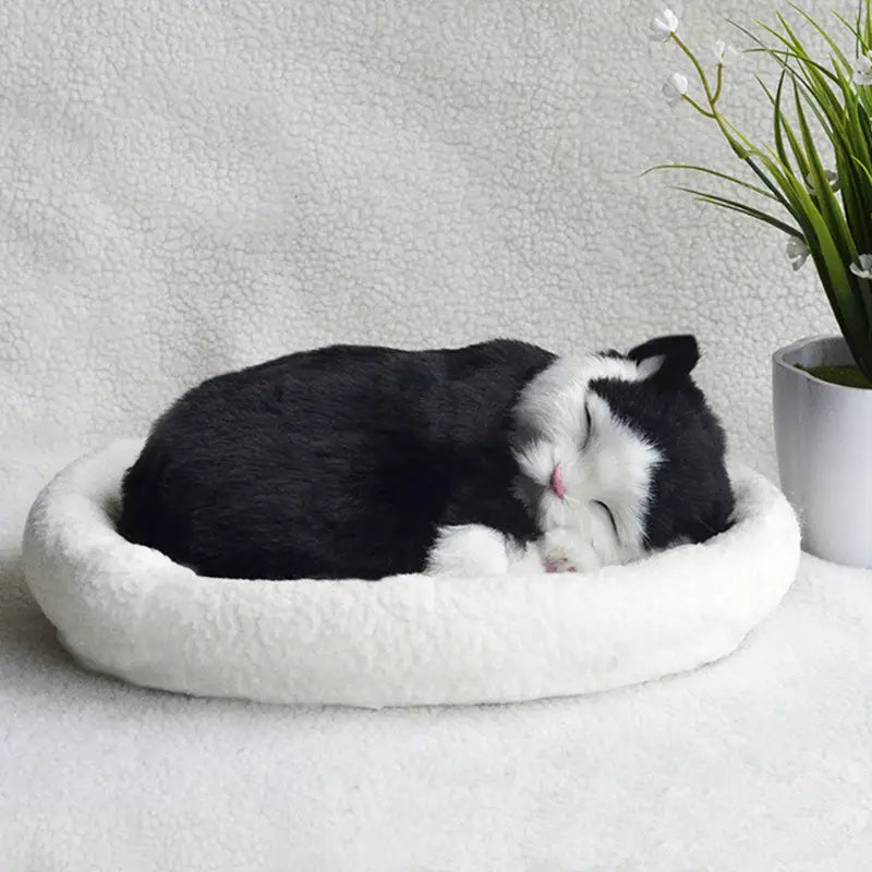 black and white plush cat figurine with realistic breathing feature nestled in a soft round white pet bed