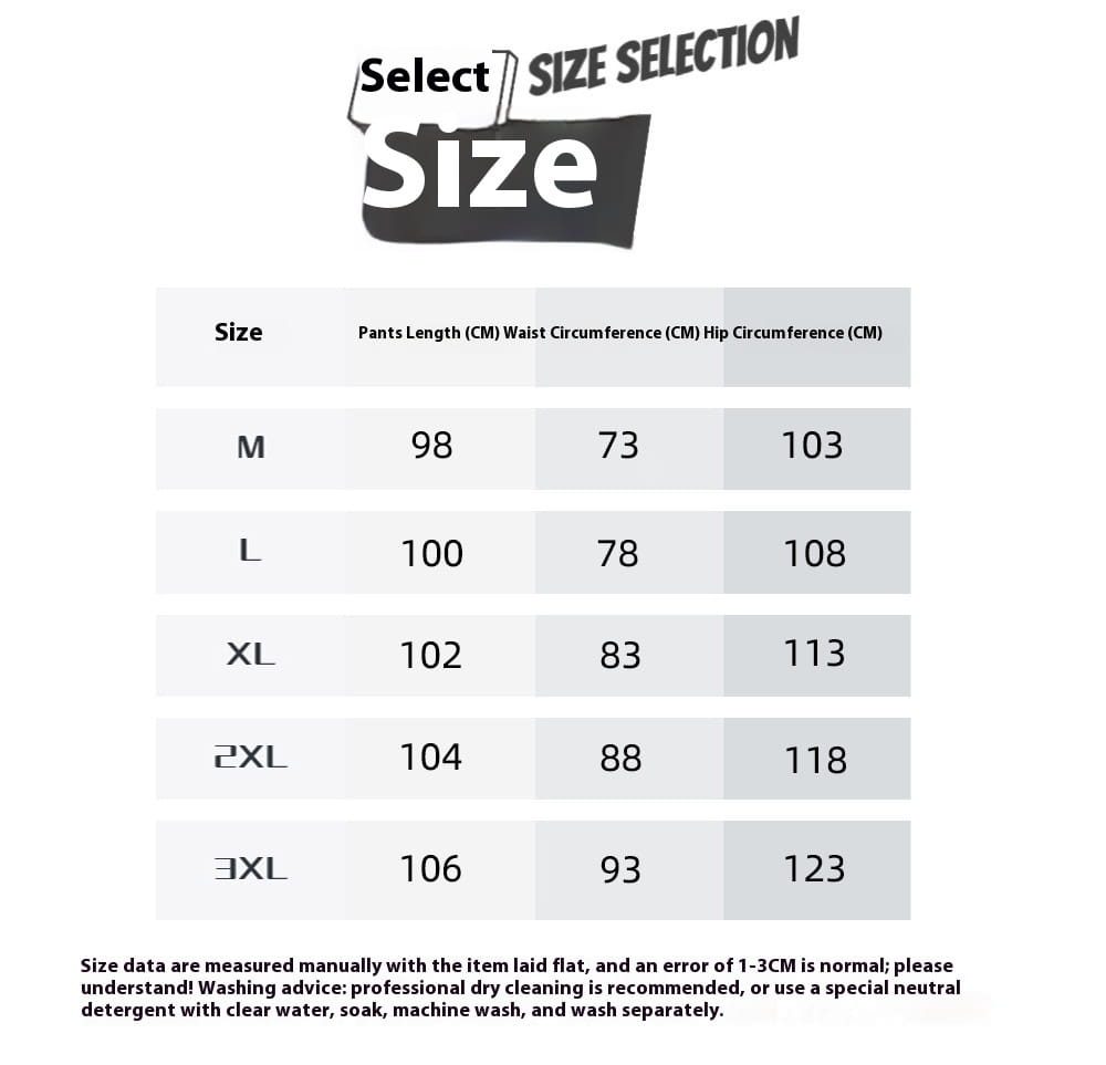 Size selection chart in centimeters for men casual jogger pants quick dry tapered trousers from size m to 3xl.