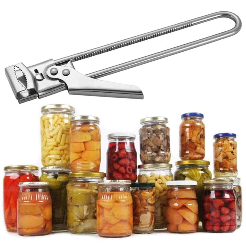 Stainless steel adjustable jar and bottle opener with a sleek elongated handle and serrated cutting edge for easy opening.