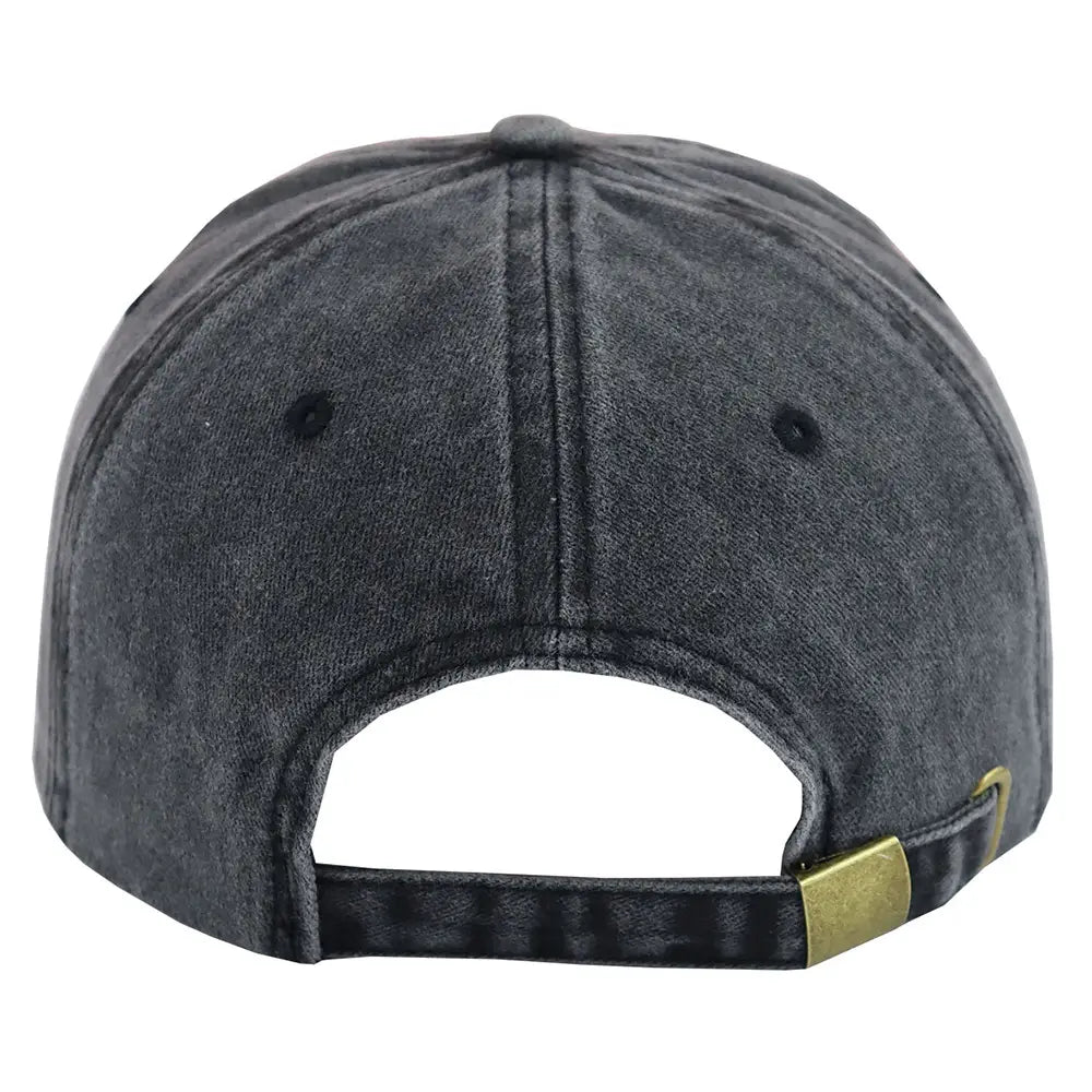 a dark gray distressed denim baseball cap with boat hair dont care embroidery and a brass-colored metal buckle on the adjustable strap shown from the back side