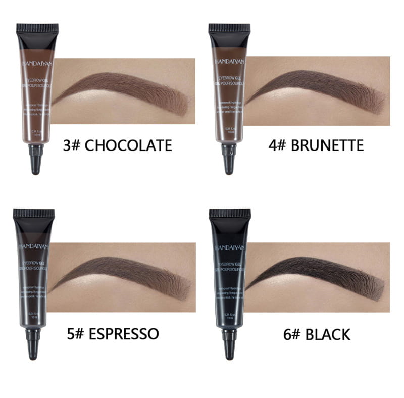 four black-topped tubes of bandaiyan eyebrow henna gel waterproof liquid tint tattoo kit in chocolate brunette espresso and black shades.