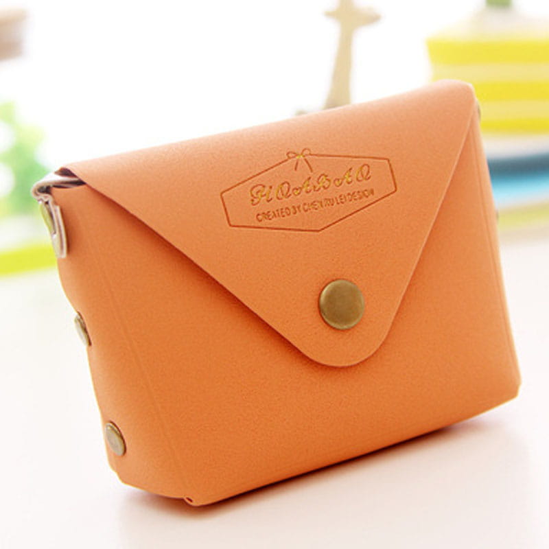 orange leather envelope style wallet with gold tone button closure and embossed pitaya branding from the macaron pastel leather and pvc coin purse set