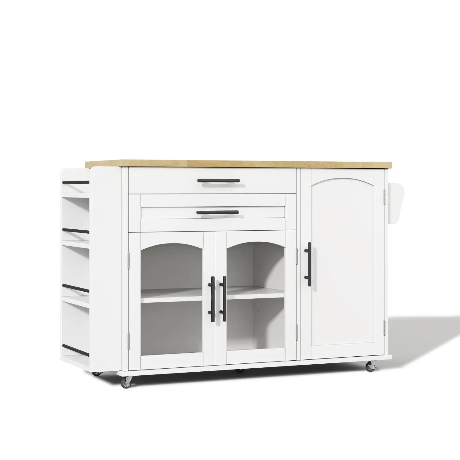 Mobile kitchen island with foldable worktop and wheels featuring a white kitchen cart with a light wood countertop and black handles.