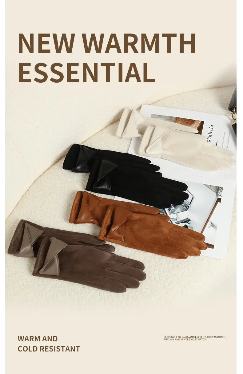 A set of three pairs of touchscreen fleece lined bow gloves in black brown and taupe leather with a sleek design.