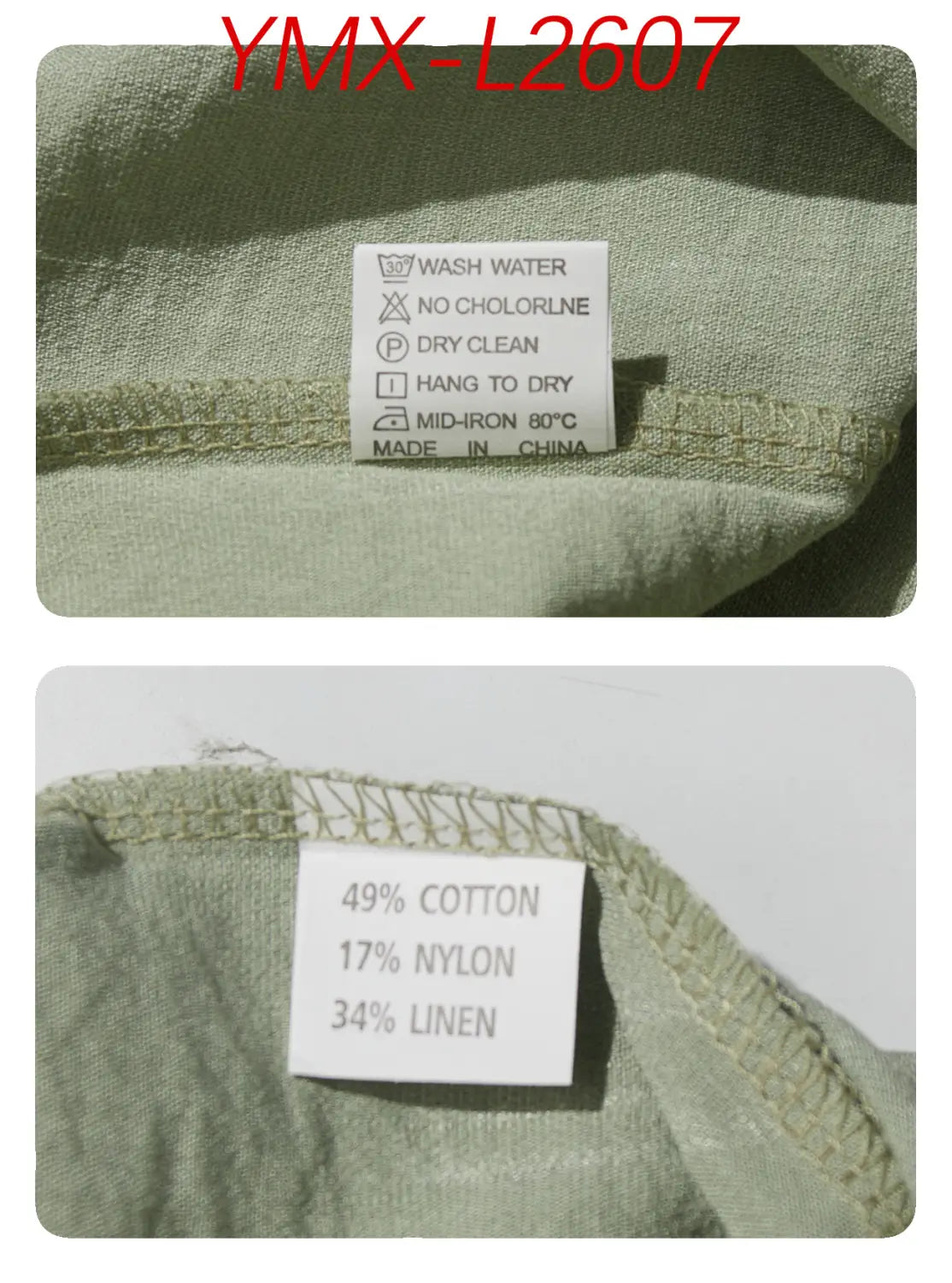 olive green cotton nylon and linen blend garment tag with care instructions on the back side of a men’s textured bamboo linen short sleeve button down shirt