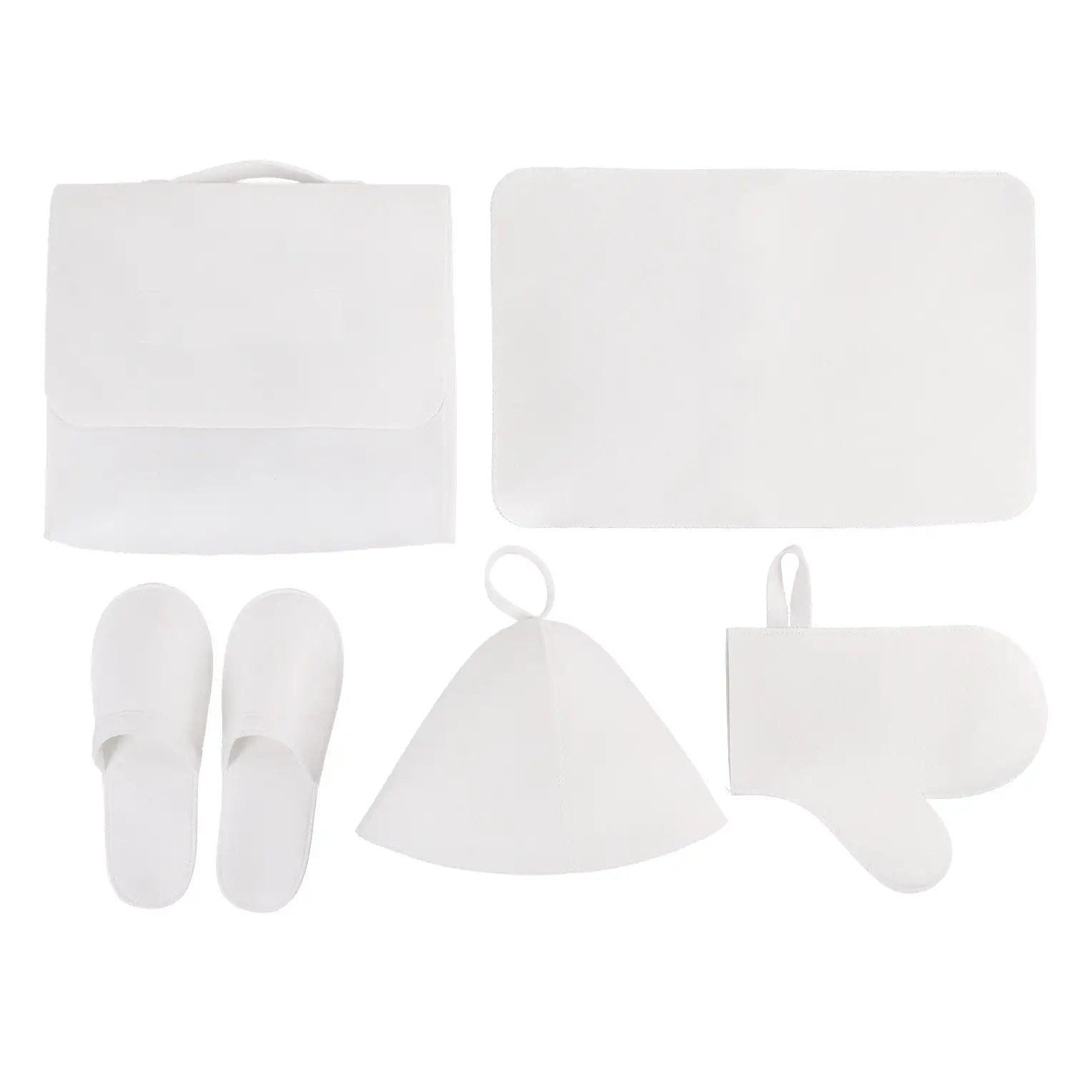 Kit de voyage de chapeau de sauna en feutre blanc, bonnet de transpiration, avec des pantoufles assorties, un tapis de bain, une serviette et un gant de cuisine pour un usage de couvre-chevures de bain