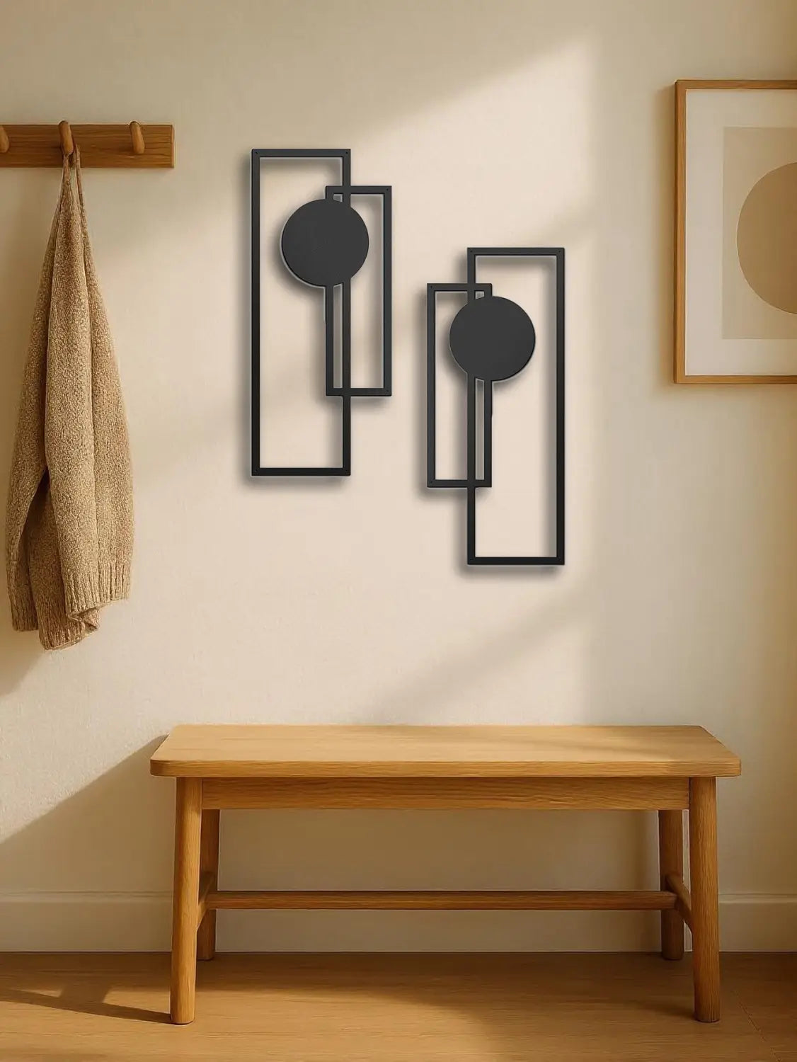 black metal wall art 2 piece set featuring abstract geometric rectangular and circular shapes for contemporary home decor