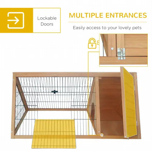 wooden a-frame rabbit hutch with yellow wire mesh and matching yellow door panels designed for outdoor small animal housing.