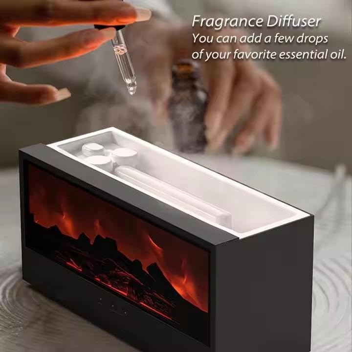 Black rectangular Flame Humidifier Volcano aromatherapy diffuser light with a realistic glowing fireplace design on the front panel.