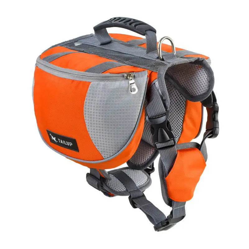 Orange and gray tailup dog backpack made of oxford cloth with mesh panels and adjustable straps shown from the back side, ideal for pet hiking.