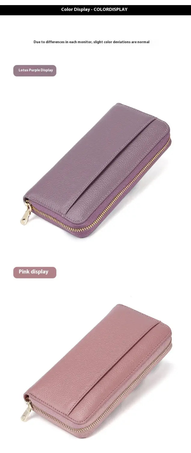 Portefeuille pour femme en cuir texturé noir à fermeture éclair sur tout le pourtour de couleur lilas, avec une fermeture éclair à tons dorés et une couture bicolore.