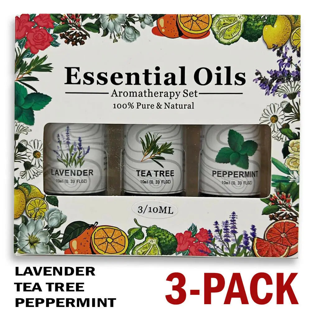 a floral-patterned box containing three 10ml essential oil bottles labeled lavender tea tree and peppermint in an essential oil set lavender tea tree peppermint 3 pack