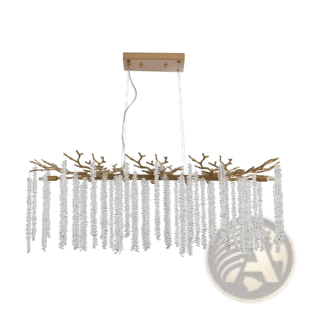 39 inch golden crystal waterfall pendant light with gold-toned branch design and cascading clear crystal strands