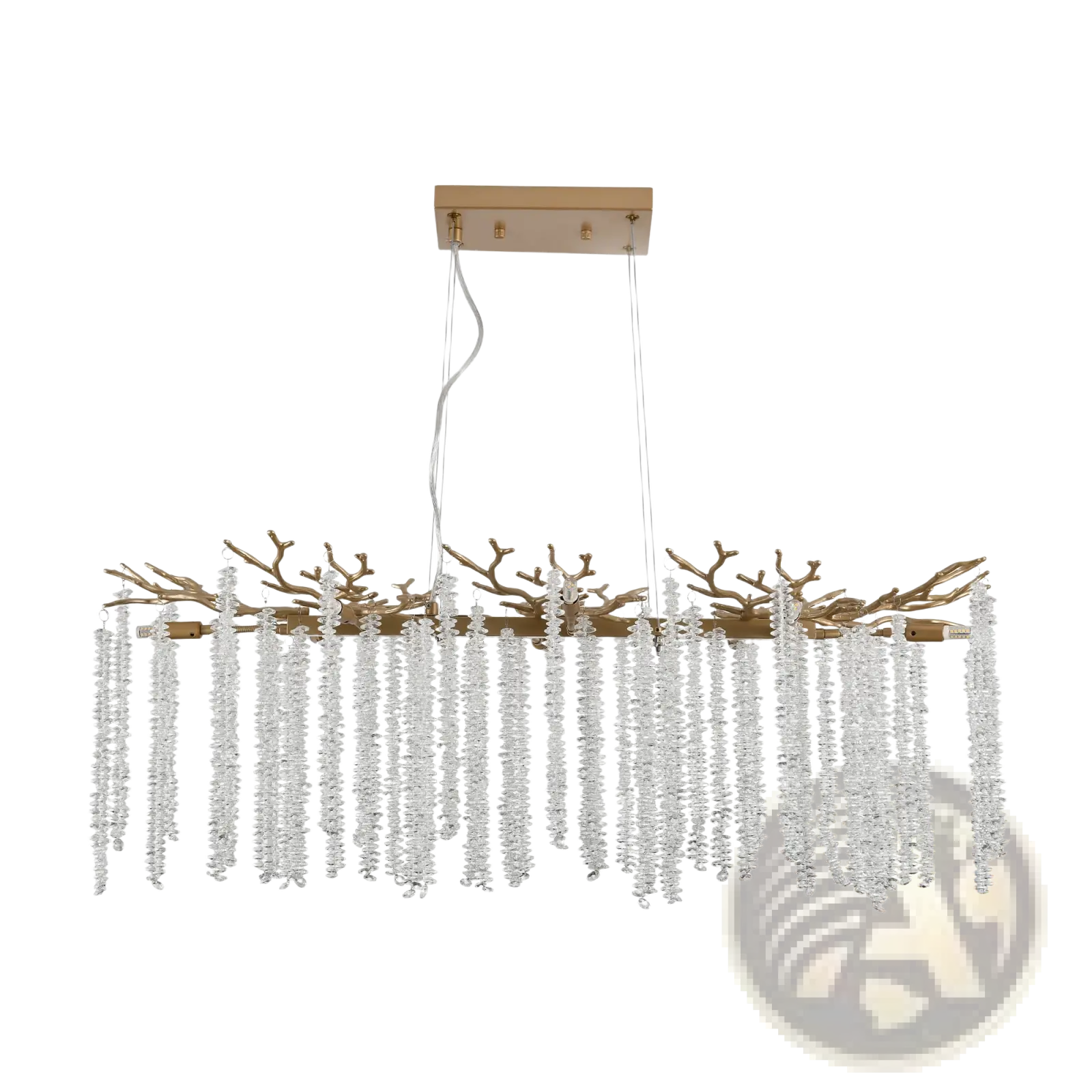 39 inch golden crystal waterfall pendant light with gold-toned branch design and cascading clear crystal strands