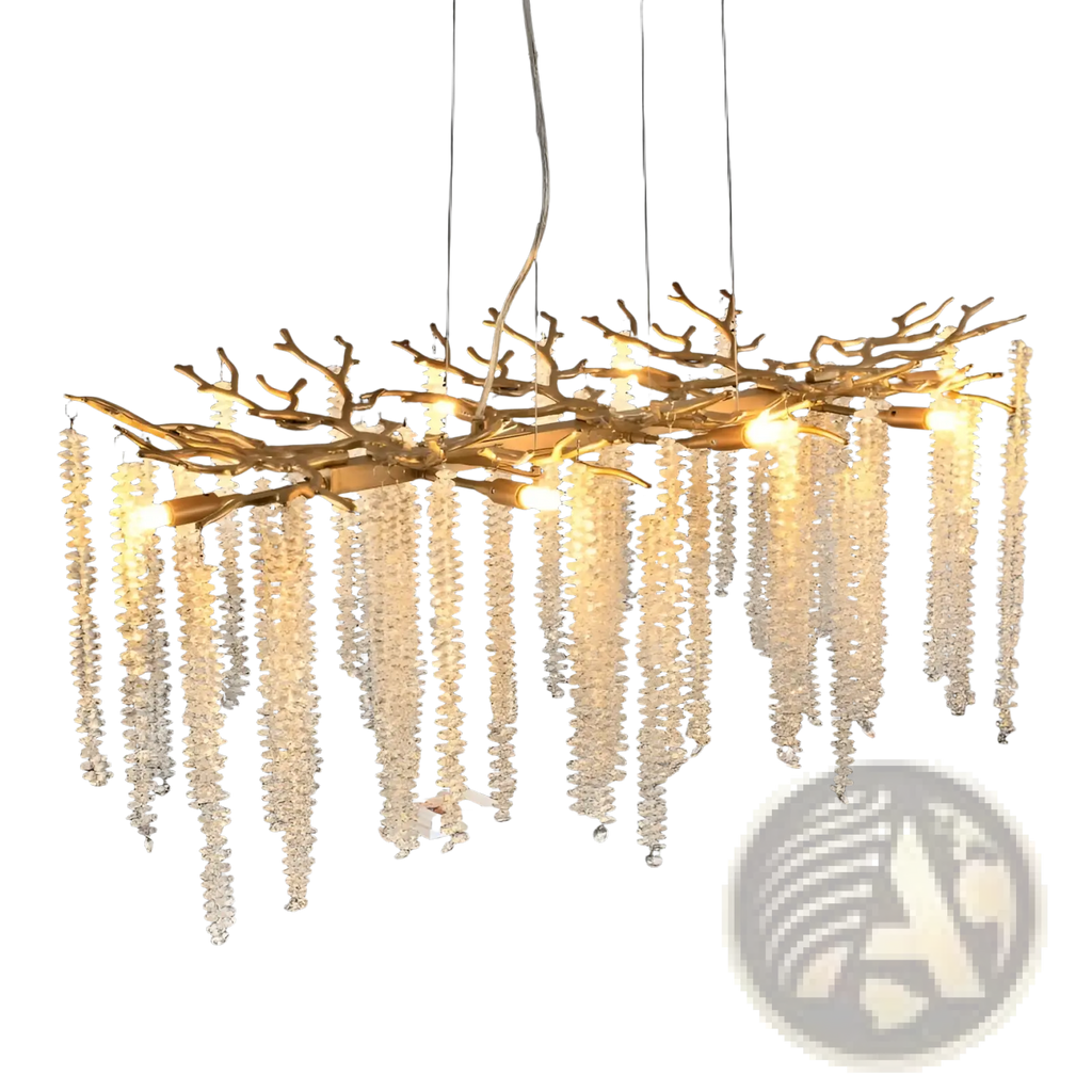 39 inch golden crystal waterfall pendant light featuring a branch-shaped chandelier with clear faceted crystal beads