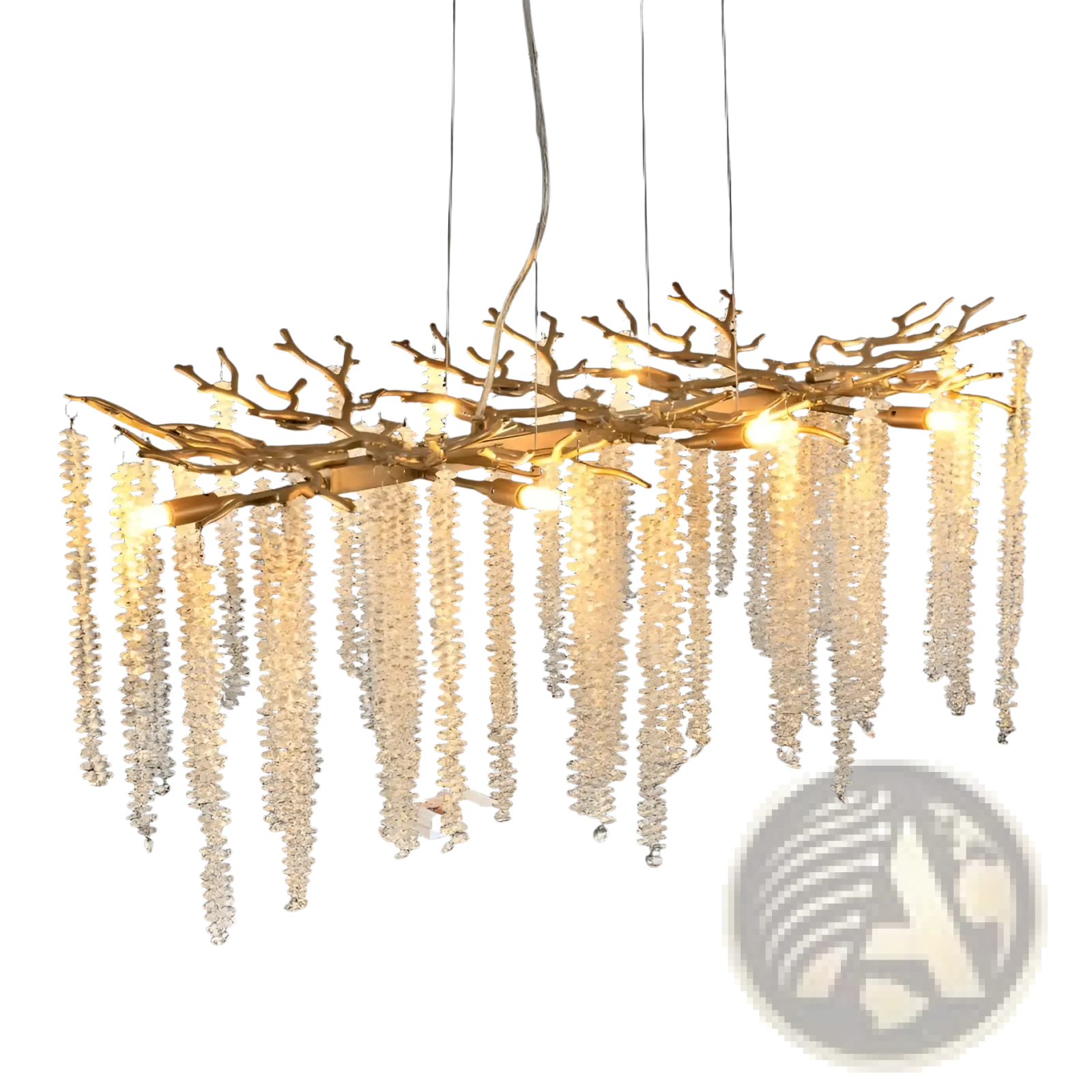 39 inch golden crystal waterfall pendant light featuring a branch-shaped chandelier with clear faceted crystal beads