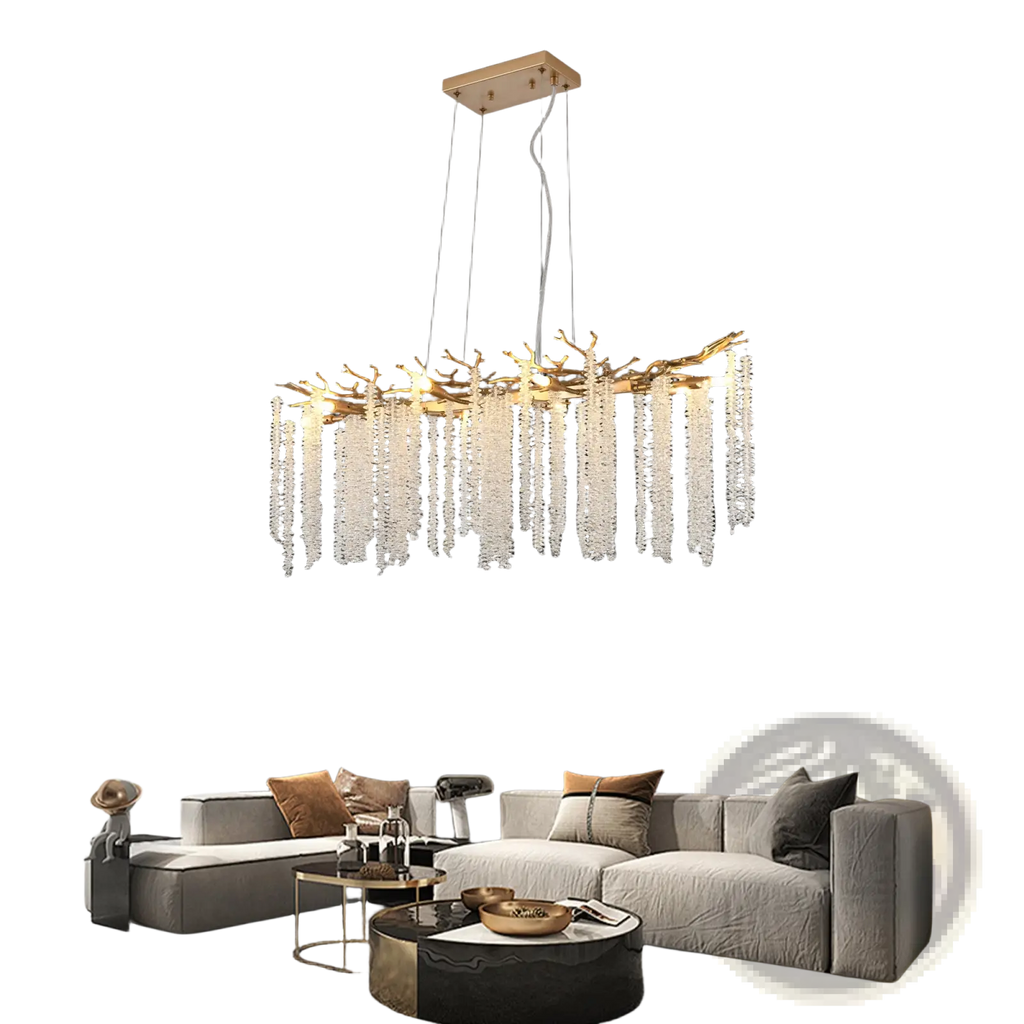 39 inch golden crystal waterfall pendant light featuring a gold-toned antler chandelier with white crystal strands
