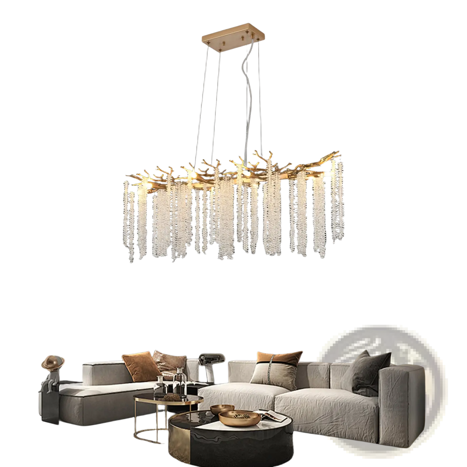 39 inch golden crystal waterfall pendant light featuring a gold-toned antler chandelier with white crystal strands