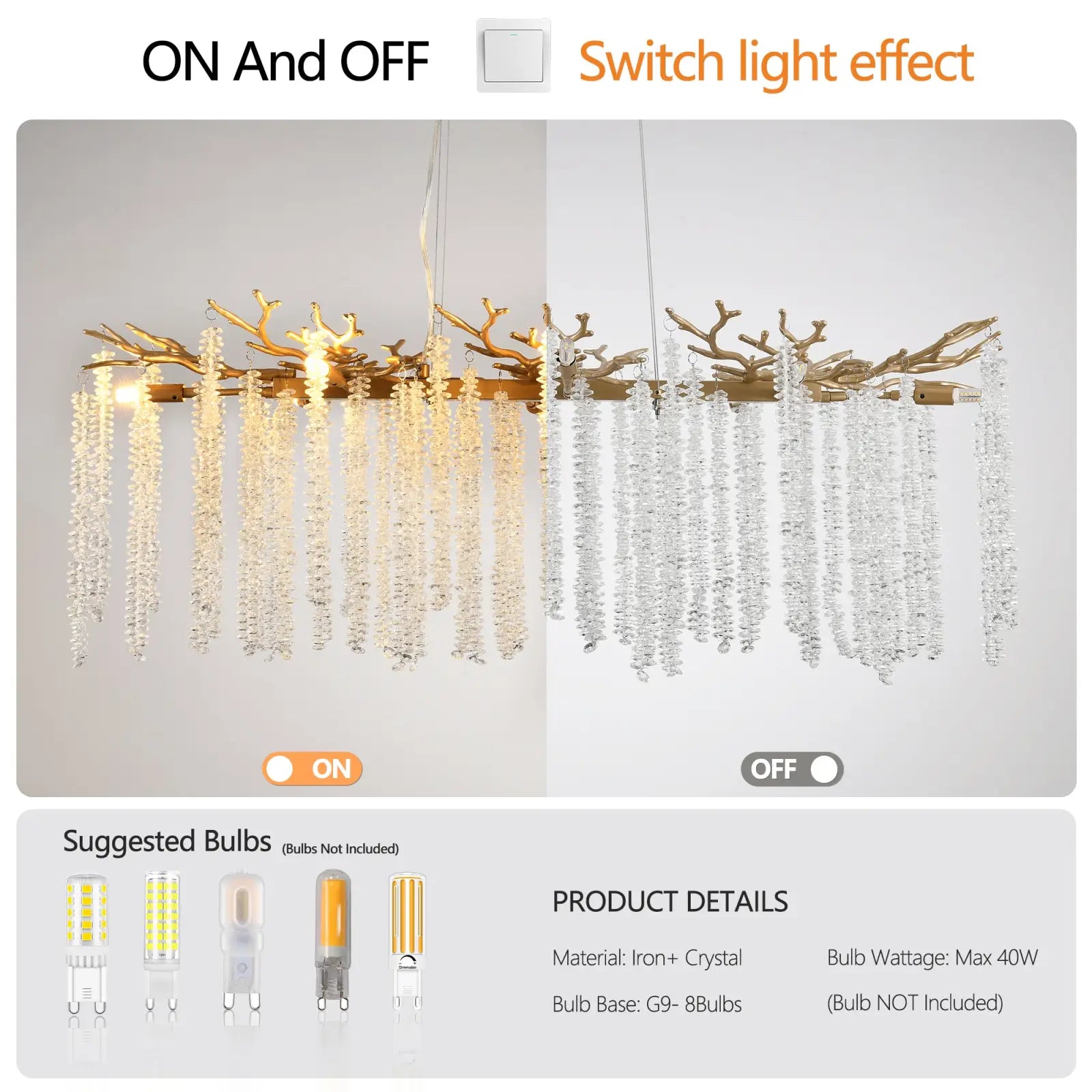 39 inch golden crystal waterfall pendant light with gold-toned chandelier featuring branching metal arms and cascading crystals