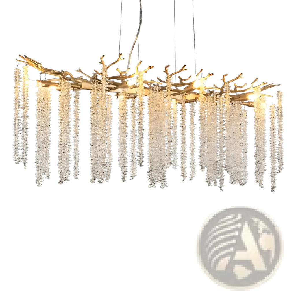 39 inch golden crystal waterfall pendant light featuring a golden branch chandelier with cascading clear crystal beads