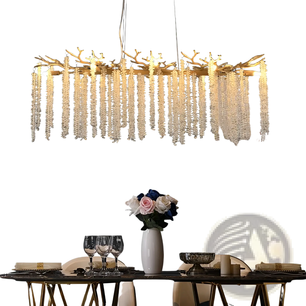 39 inch golden crystal waterfall pendant light featuring a gold-toned antler-shaped chandelier with clear crystal beads