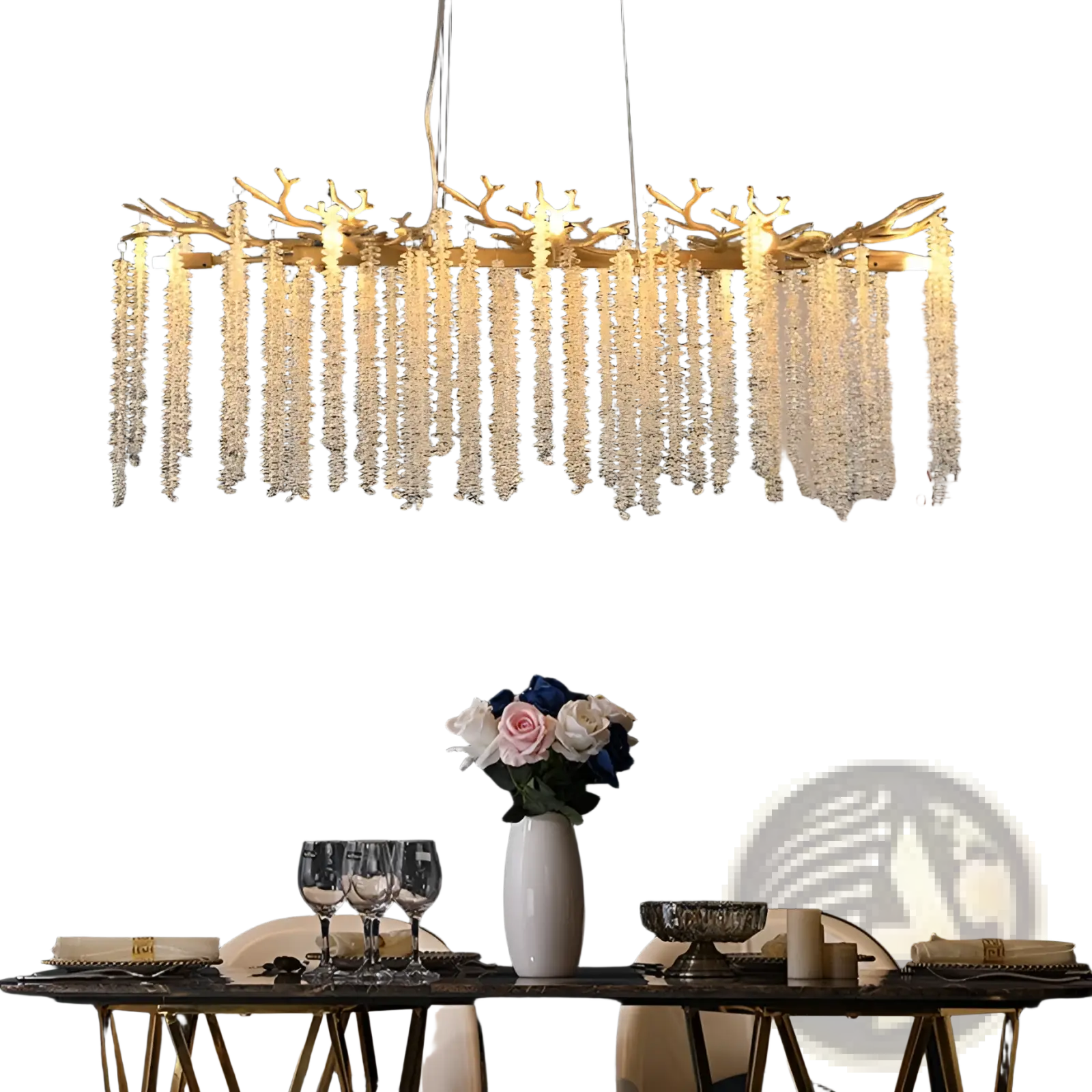 39 inch golden crystal waterfall pendant light featuring a gold-toned antler-shaped chandelier with clear crystal beads