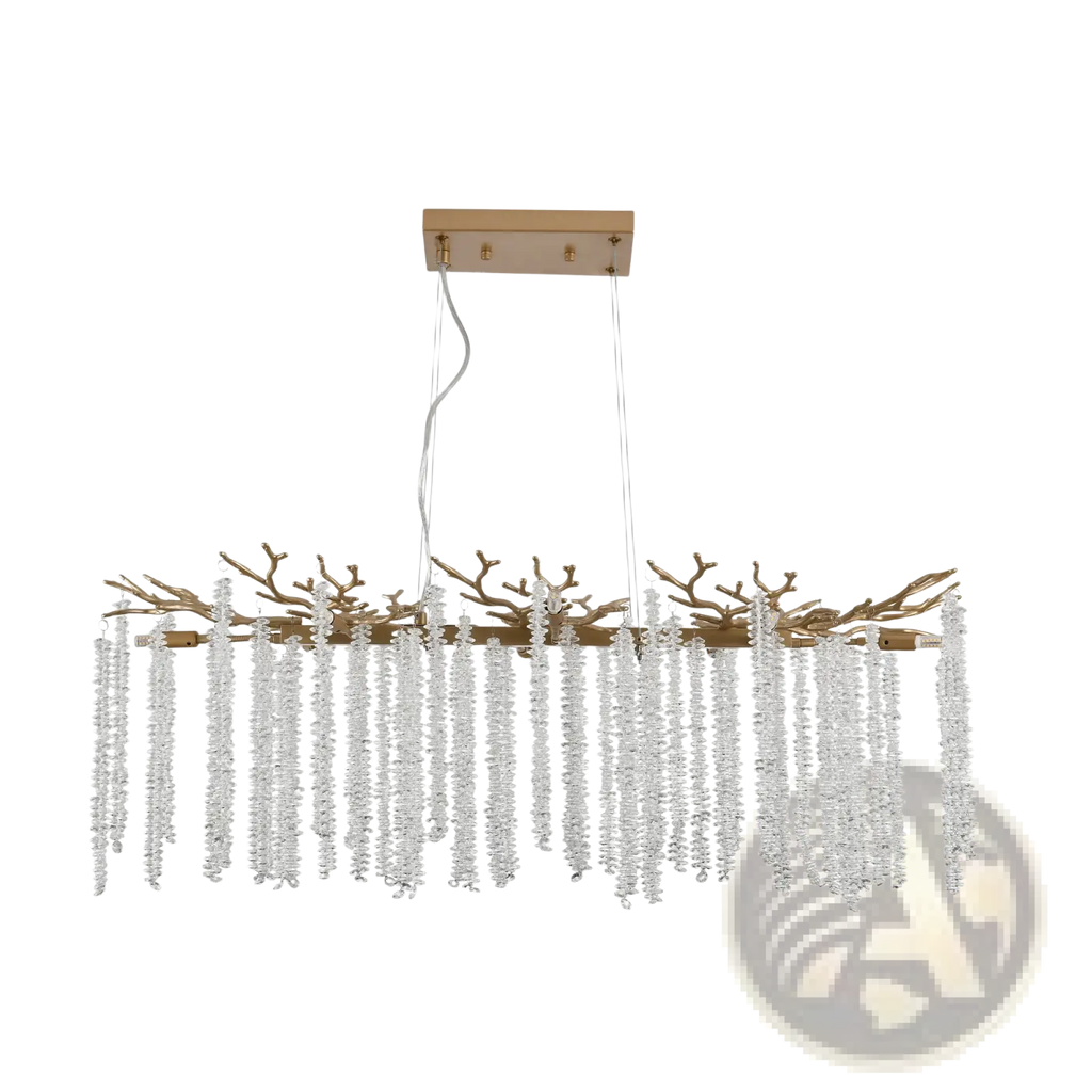 39 inch golden crystal waterfall pendant light with gold-toned branch design and cascading clear crystal droplets