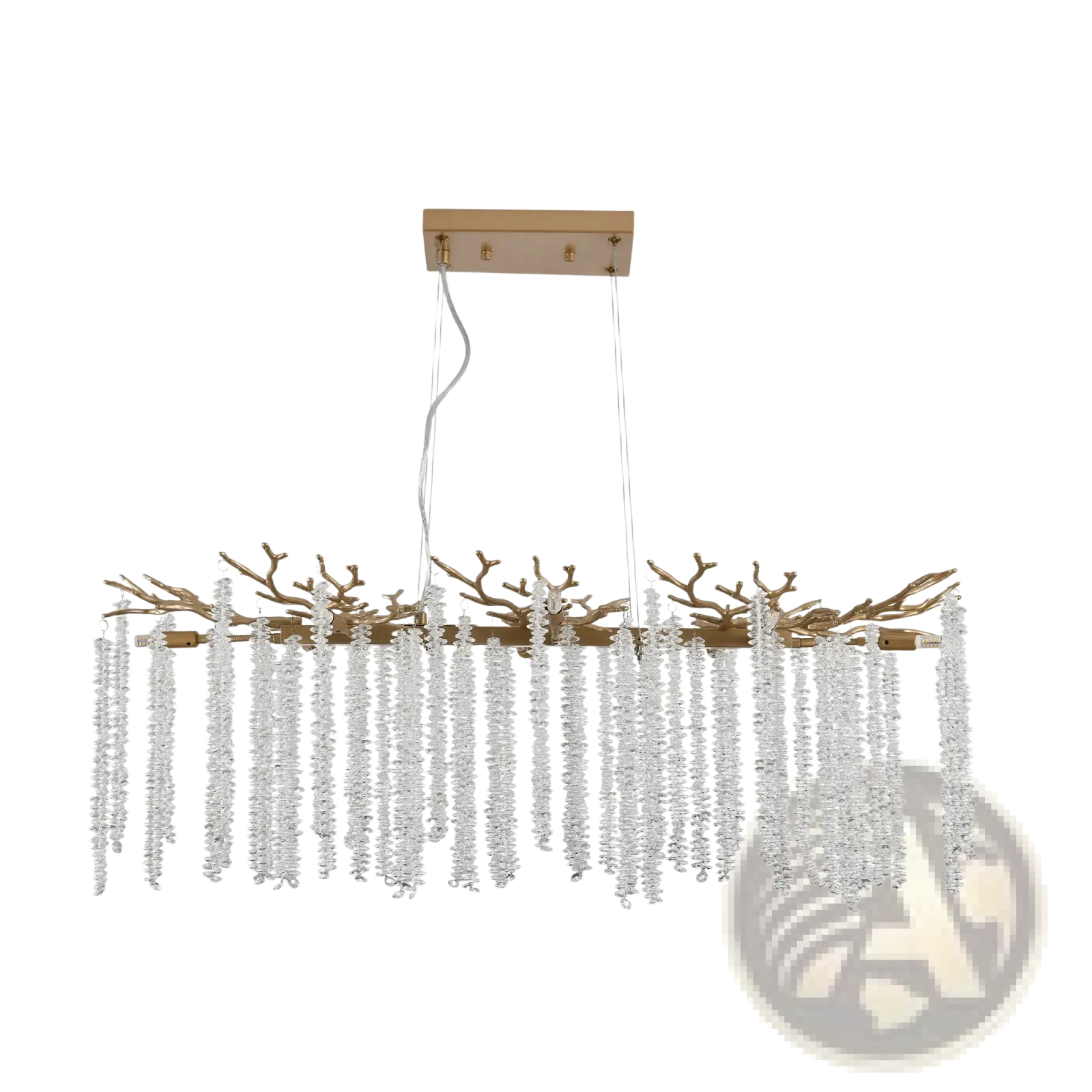 39 inch golden crystal waterfall pendant light with gold-toned branch design and cascading clear crystal droplets