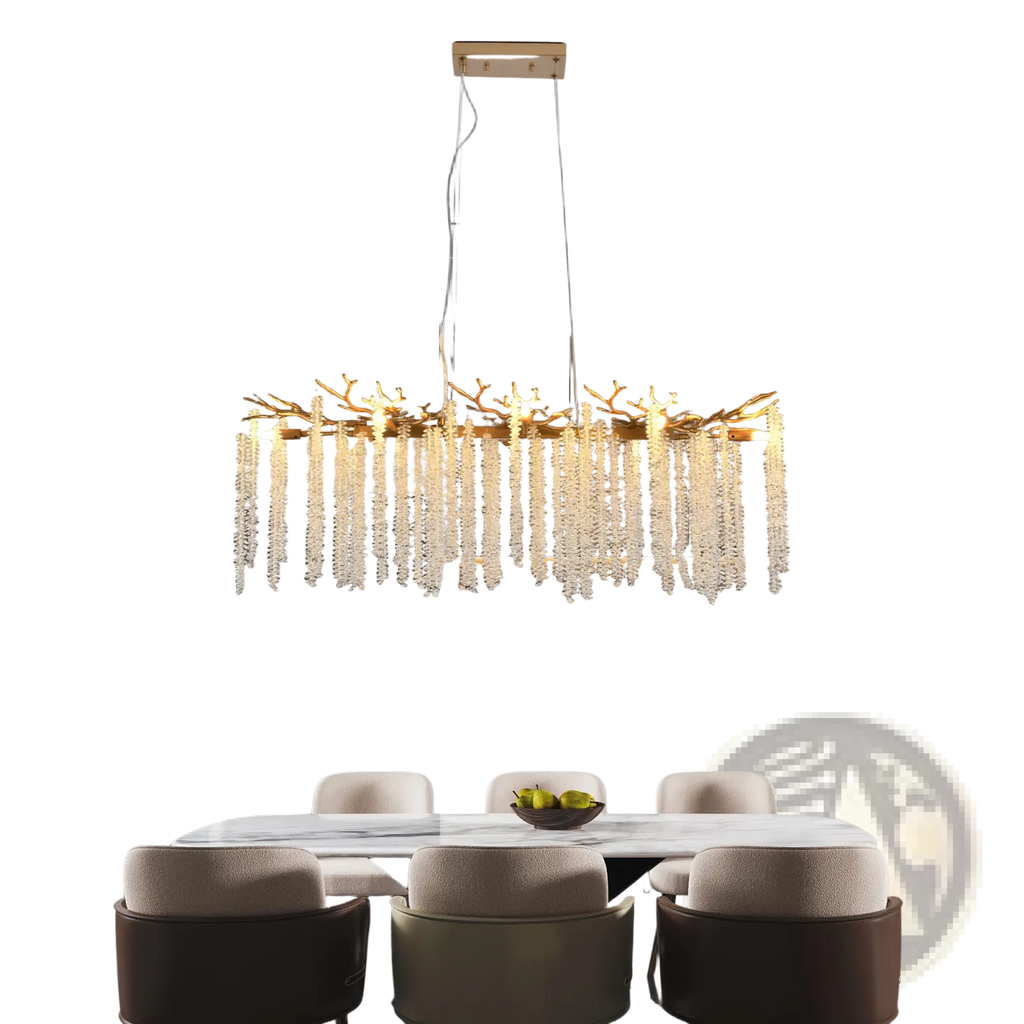 39 inch golden crystal waterfall pendant light featuring a golden antler-inspired chandelier with cascading white crystals
