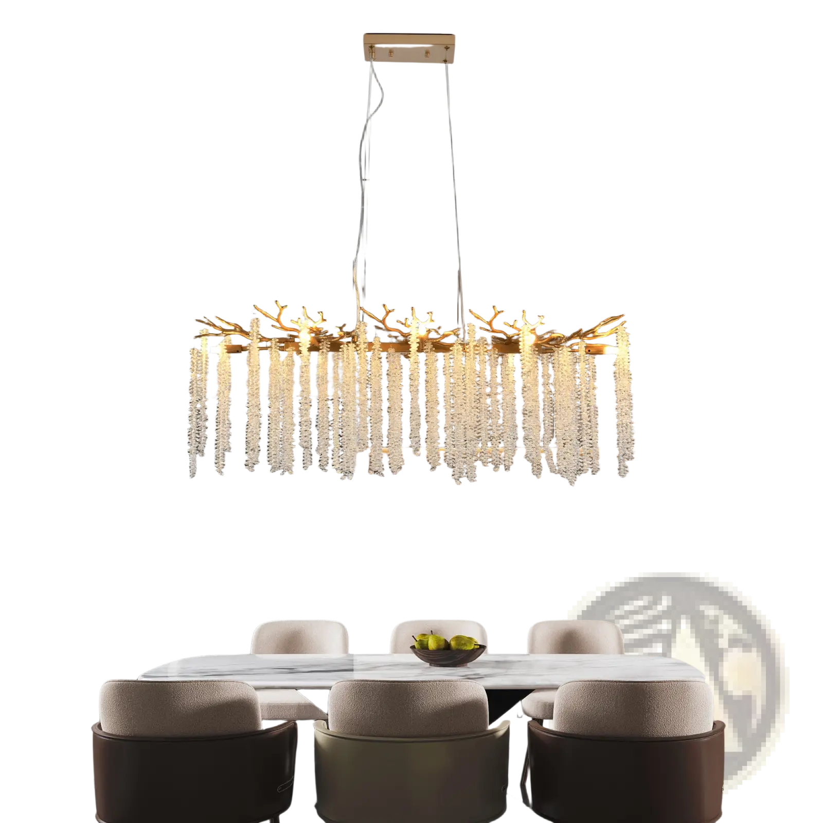 39 inch golden crystal waterfall pendant light featuring a golden antler-inspired chandelier with cascading white crystals