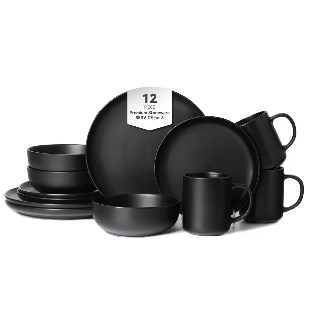 juego de vajilla de gres mate negro para tres personas con acabado mate negro, que consta de 12 piezas para uso diario en la mesa