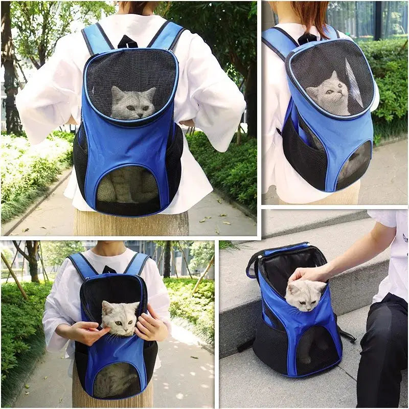 Blue and black dog carrier backpack with breathable mesh panels for pet visibility and ventilation designed for small pet travel.