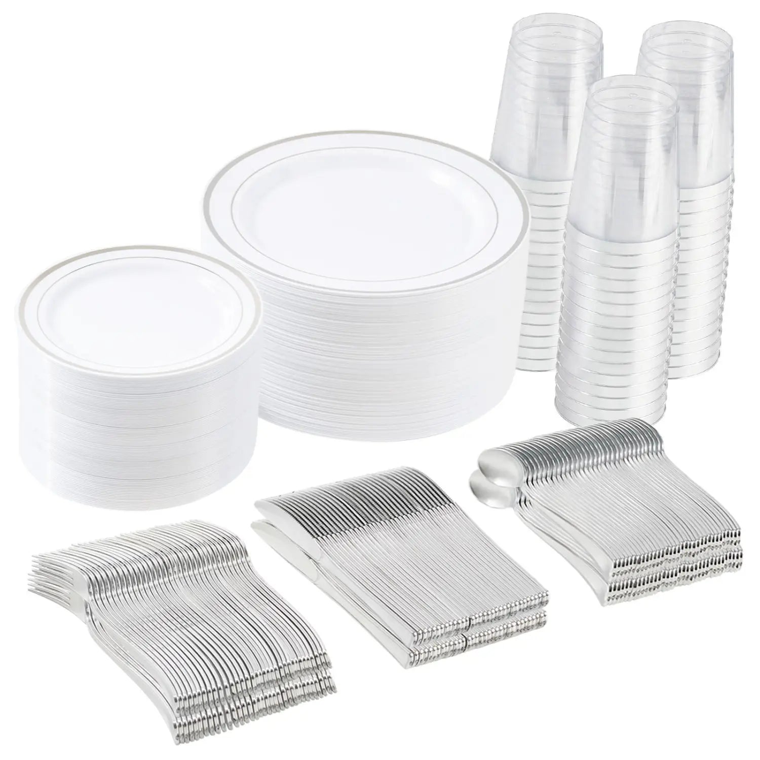 Clear plastic disposable plates with subtle white rim from plastic tableware set with gold rim plates for 50 guests