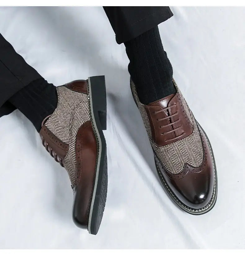 Men’s Korean style woven leather brogue high top shoes with brown and gray herringbone wingtip polished accents