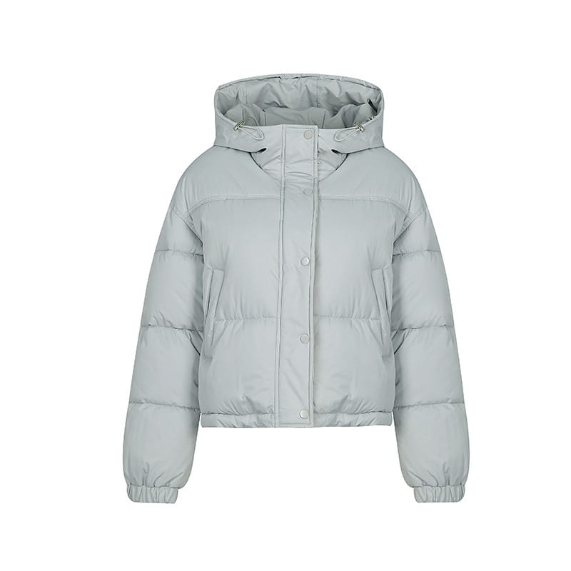 Leichte, hellgraue Pufferjacke aus Baumwolle mit Kapuze, Knopfleiste vorne und elastischen Bündchen.
