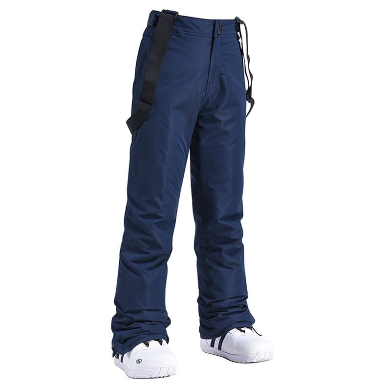 Men waterproof thermal snow pants in navy blue featuring black adjustable straps and elastic cuffs for enhanced comfort and protection.